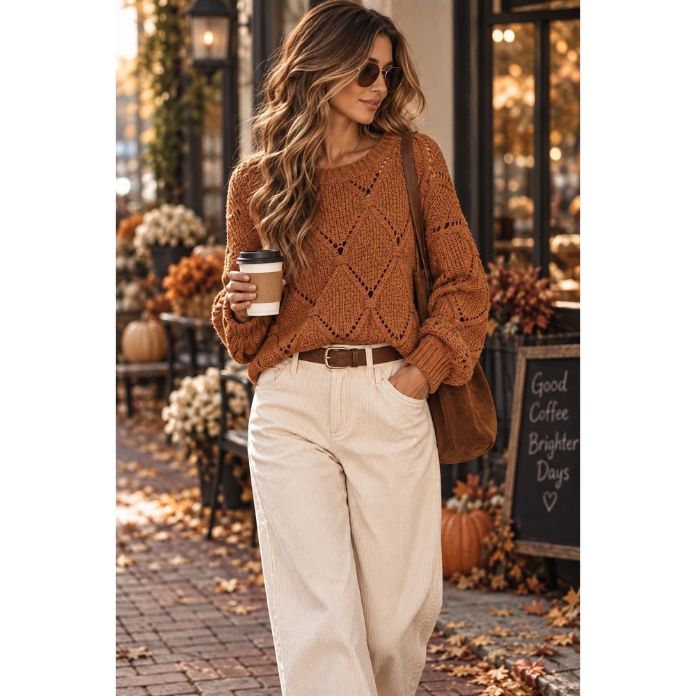 Elodie Rust Orange Diamond Open Knit Cropped Sweater Sz Small Boho